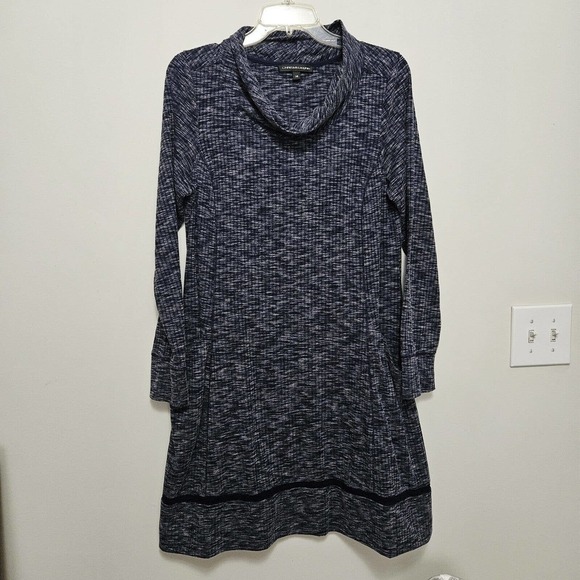 CHRIS MCLAUGHLIN Knit Dress Sz 14 Lg Sleeve Heathered Blue A-frame Cowl Neck - Picture 1 of 12